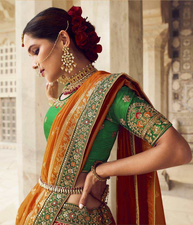 Multicolor hand woven silk semi stitched lehenga