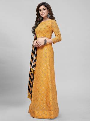 Yellow Sequined Embroidered Georgette Fancy Lehenga Choli with Blouse Piece 2