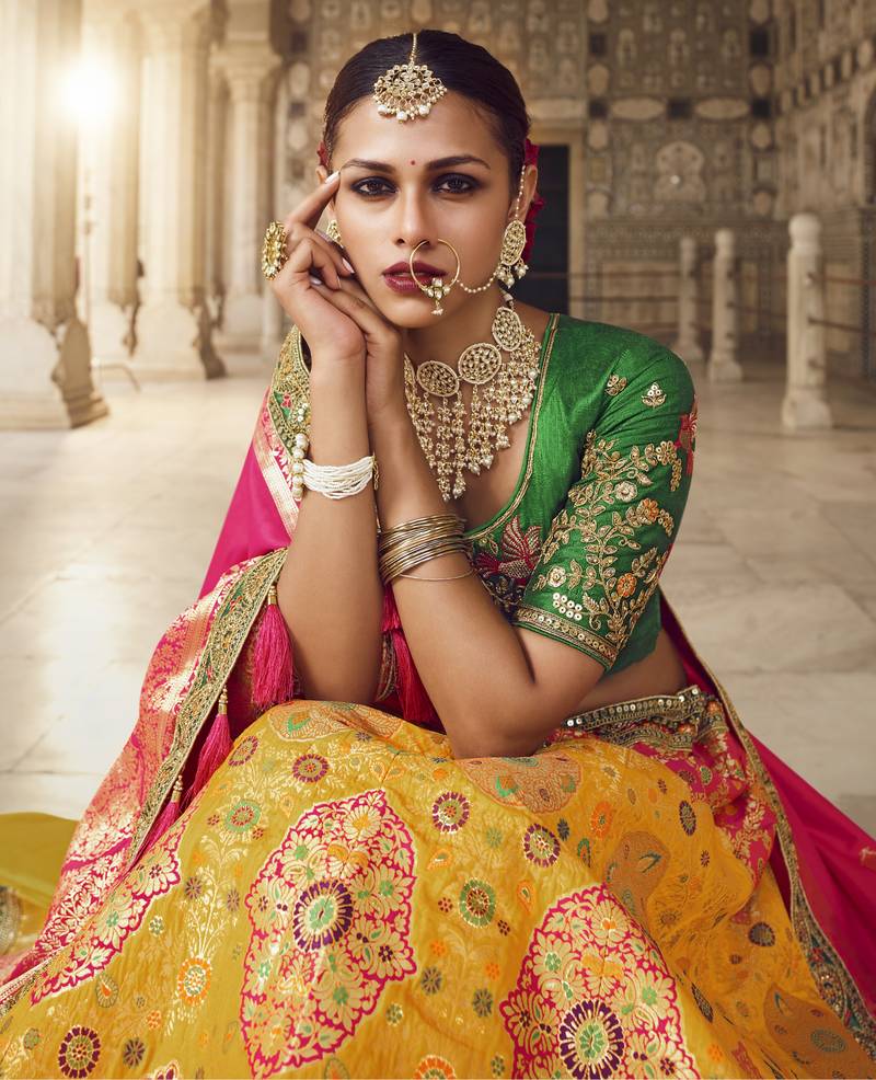 Multicolor hand woven silk semi stitched lehenga