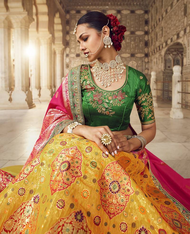 Multicolor hand woven silk semi stitched lehenga