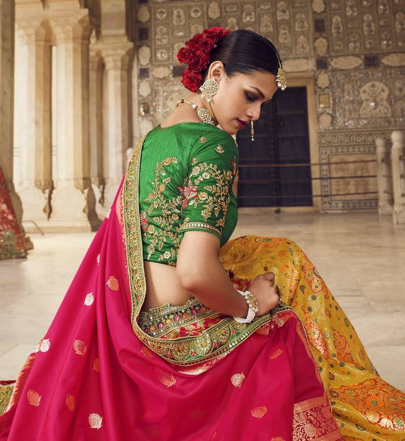 Multicolor hand woven silk semi stitched lehenga