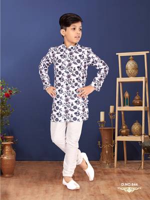 Boy's Off White Cotton Printed Kurta Churidar 1