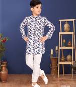 Boy's Off White Cotton Printed Kurta Churidar