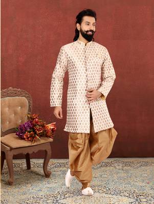 Men White Jacquard Silk Dhoti Kurta Set 1