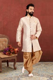 Men White Jacquard Silk Dhoti Kurta Set