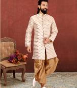 Men White Jacquard Silk Dhoti Kurta Set