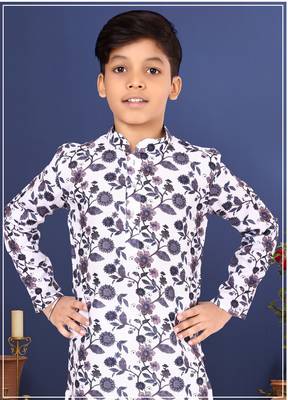 Boy's Off White Cotton Printed Kurta Churidar 7