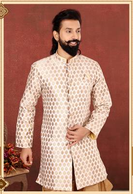 Men White Jacquard Silk Dhoti Kurta Set 7