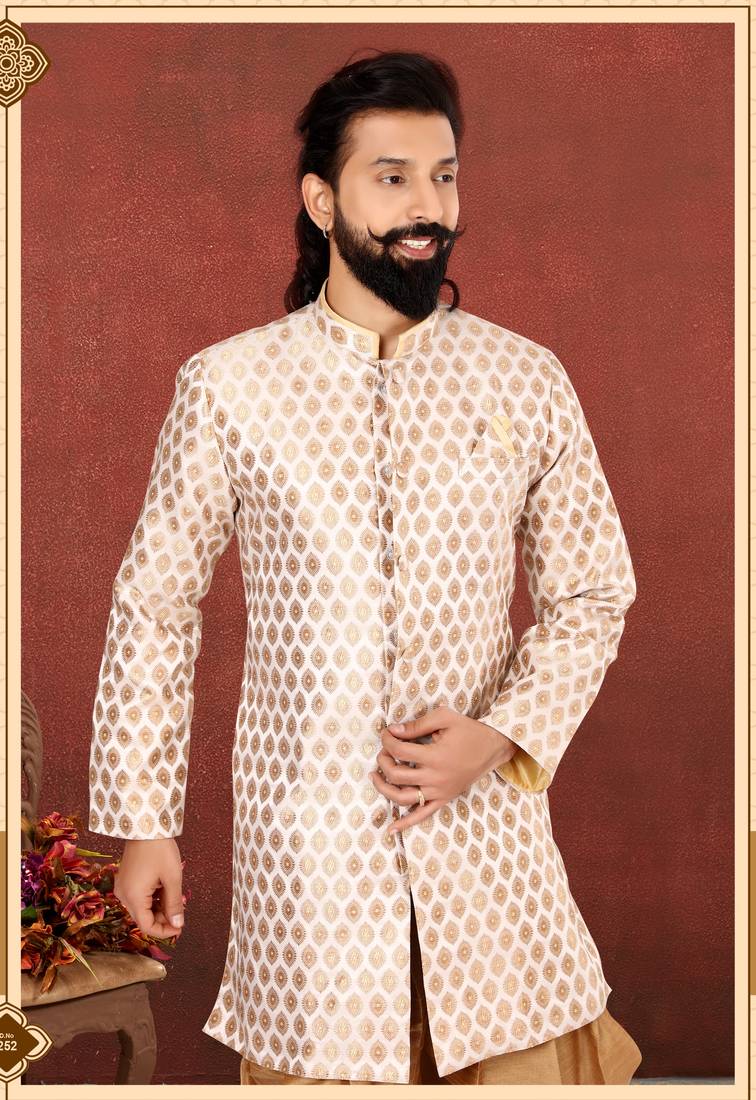 Men White Jacquard Silk Dhoti Kurta Set