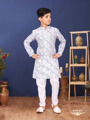 Boy's Off White Cotton Printed Kurta Churidar 1