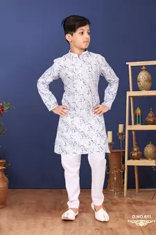 Boy's Off White Cotton Printed Kurta Churidar