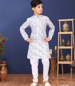 Boy's Off White Cotton Printed Kurta Churidar