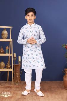 Boy's Off White Cotton Printed Kurta Churidar