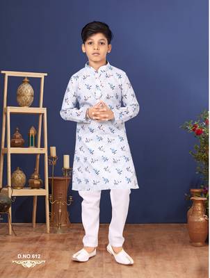 Boy's Off White Cotton Printed Kurta Churidar 1
