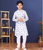 Boy's Off White Cotton Printed Kurta Churidar