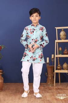 Boy's Sky Blue Cotton Printed Kurta Churidar