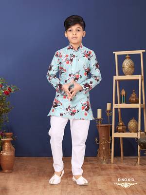 Boy's Sky Blue Cotton Printed Kurta Churidar 1