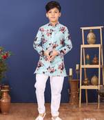 Boy's Sky Blue Cotton Printed Kurta Churidar