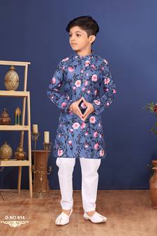 Boy's Blue Cotton Printed Kurta Churidar