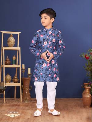 Boy's Blue Cotton Printed Kurta Churidar 1