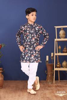 Boy's Black Cotton Printed Kurta Churidar