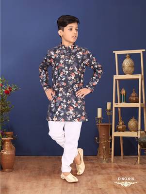 Boy's Black Cotton Printed Kurta Churidar 1