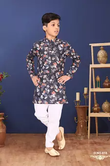 Boy's Black Cotton Printed Kurta Churidar