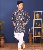 Boy's Black Cotton Printed Kurta Churidar