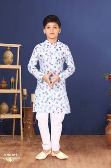 Boy's Off White Cotton Printed Kurta Churidar