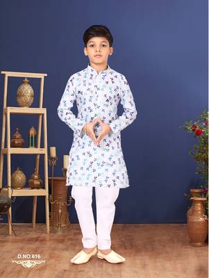 Boy's Off White Cotton Printed Kurta Churidar 1