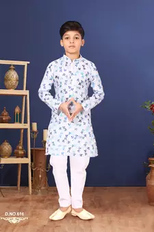 Boy's Off White Cotton Printed Kurta Churidar