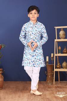 Boy's Off White Cotton Printed Kurta Churidar