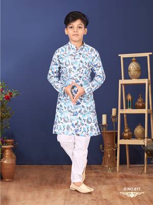 Boy's Off White Cotton Printed Kurta Churidar 1