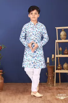 Boy's Off White Cotton Printed Kurta Churidar