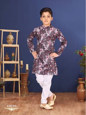 Boy's Brown Cotton Printed Kurta Churidar 7