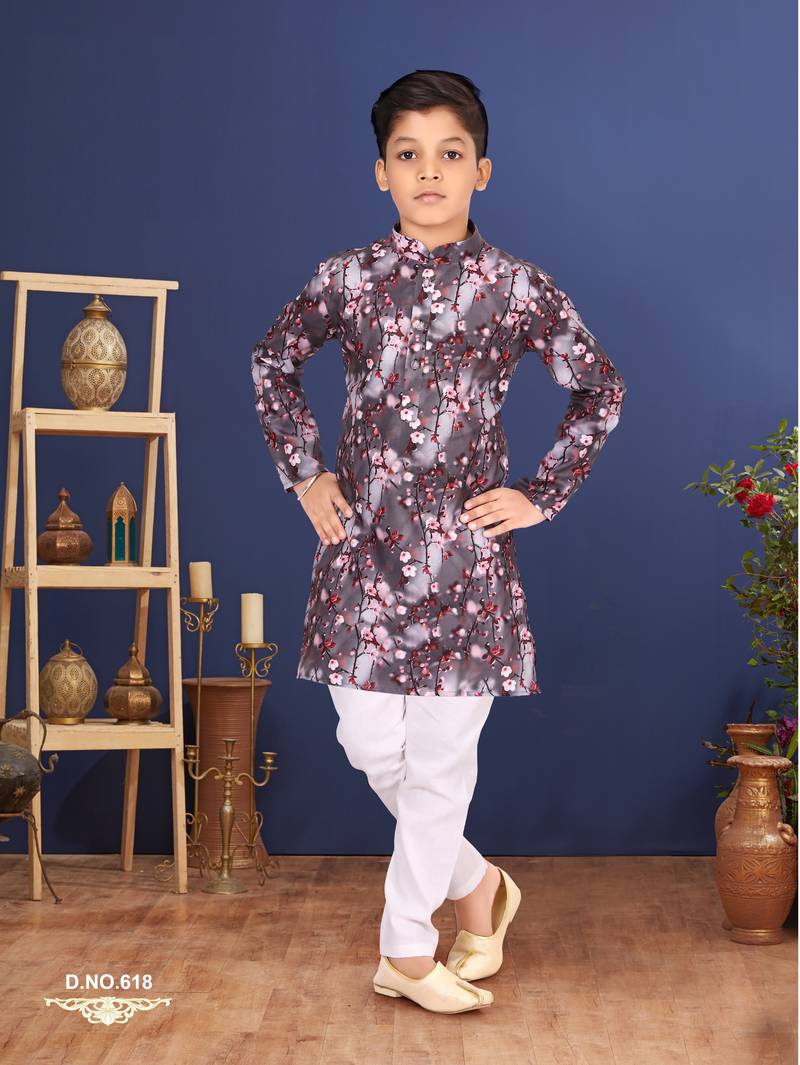 Boy's Brown Cotton Printed Kurta Churidar