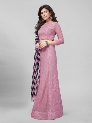 Pink Sequined Embroidered Georgette Fancy Lehenga Choli with Blouse Piece 2