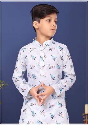 Boy's Off White Cotton Printed Kurta Churidar 7