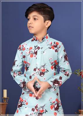 Boy's Sky Blue Cotton Printed Kurta Churidar 7