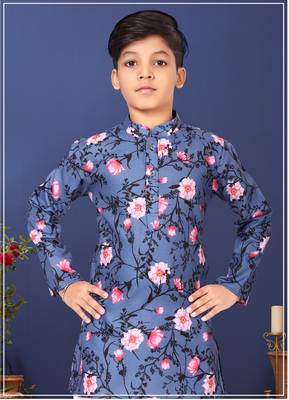 Boy's Blue Cotton Printed Kurta Churidar 7