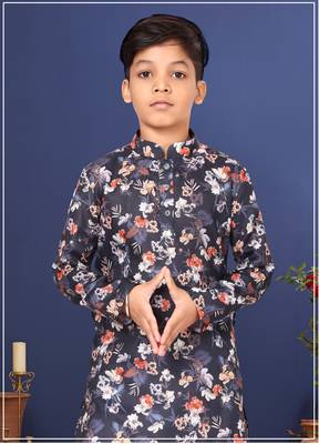 Boy's Black Cotton Printed Kurta Churidar 7