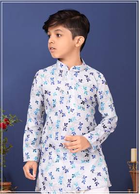 Boy's Off White Cotton Printed Kurta Churidar 7