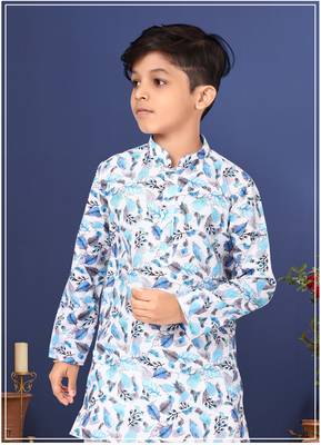 Boy's Off White Cotton Printed Kurta Churidar 7