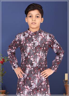 Boy's Brown Cotton Printed Kurta Churidar 1