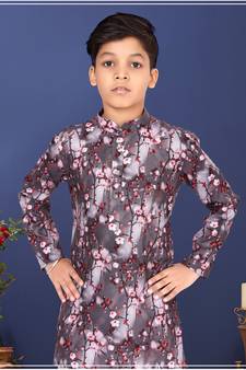Boy's Brown Cotton Printed Kurta Churidar