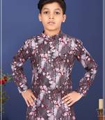 Boy's Brown Cotton Printed Kurta Churidar