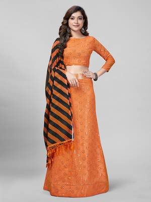 Orange Sequined Embroidered Georgette Fancy Lehenga Choli with Blouse Piece 1