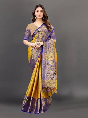  mustard woven cotton silk saree with blouse 1
