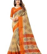 Beige printed cotton saree with blouse