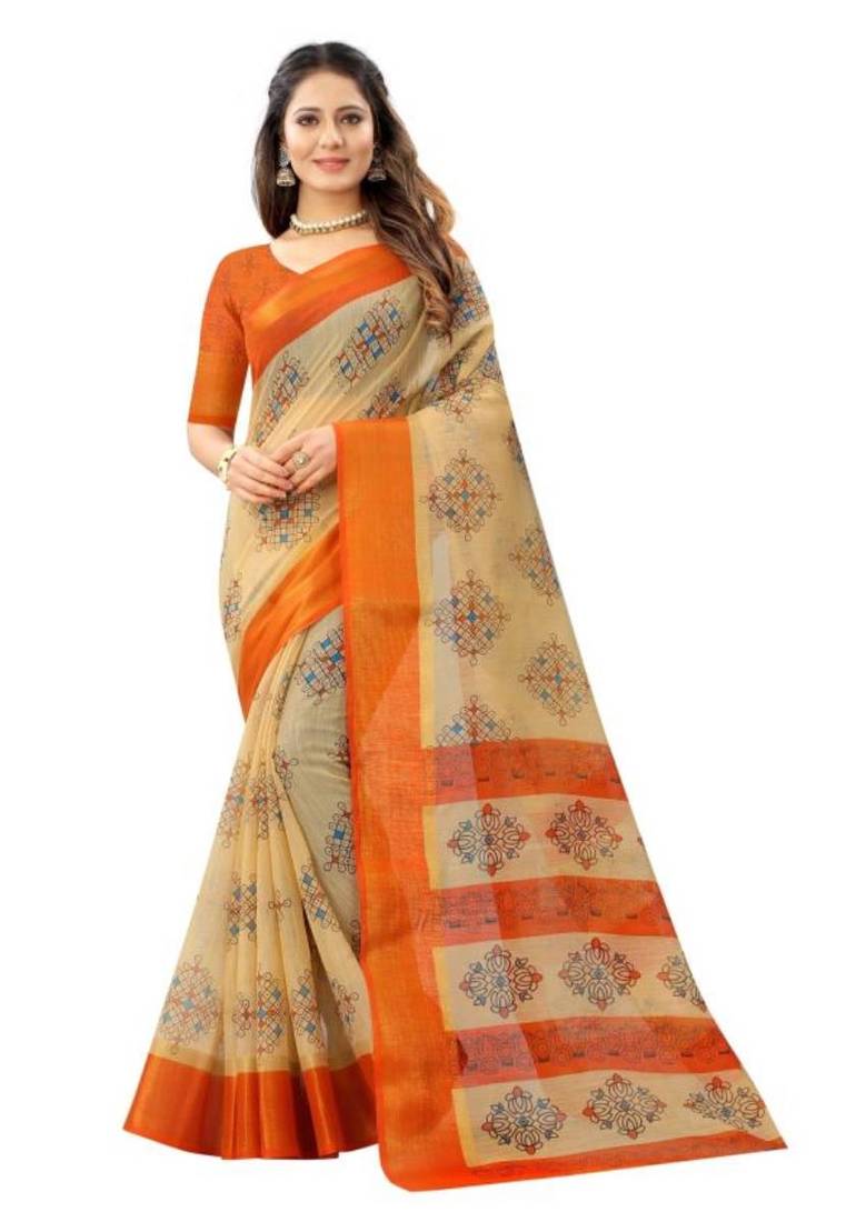 Beige printed cotton saree with blouse